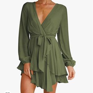 Cosonsen Women's Dress Deep V-Neck Long Sleeve